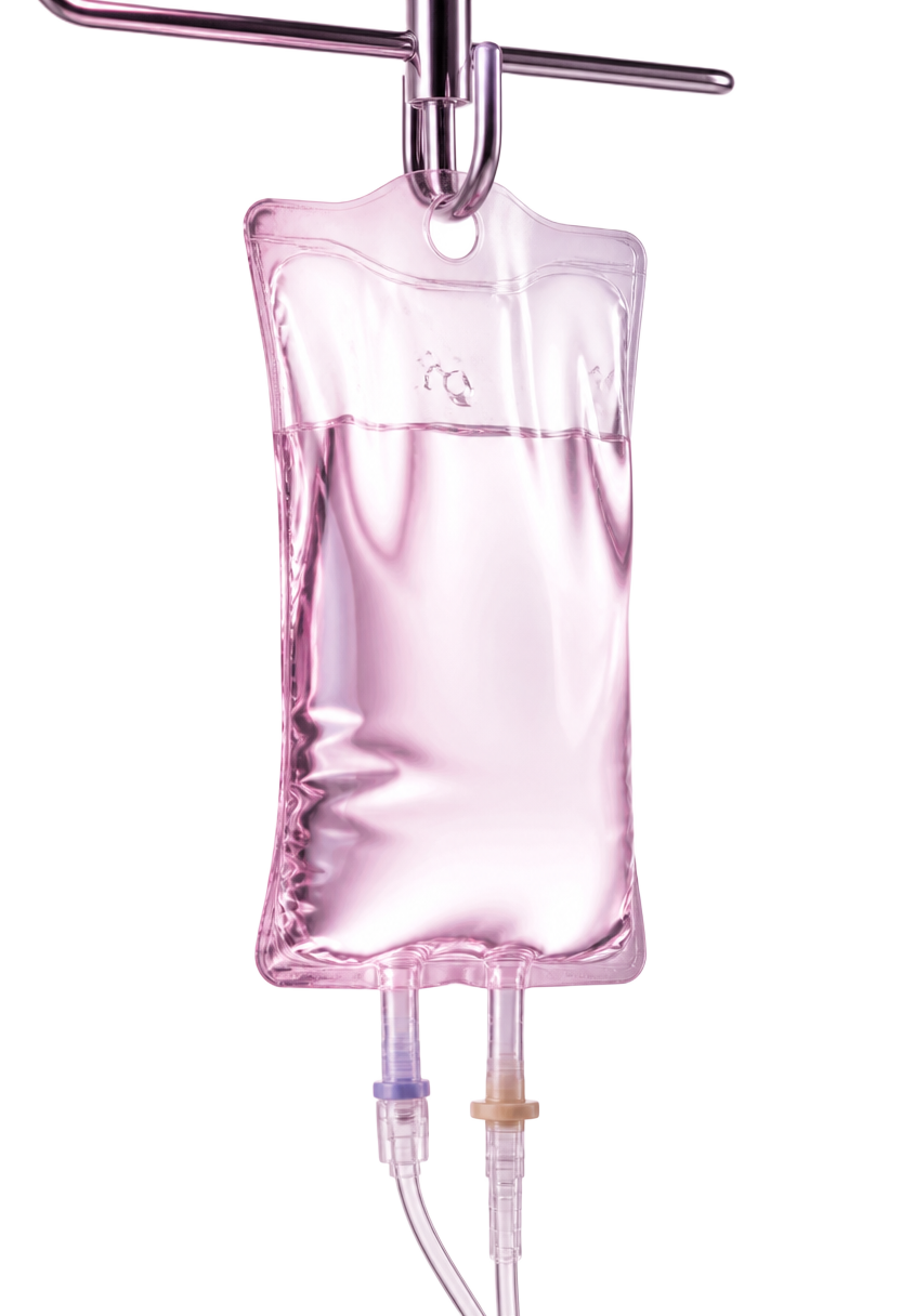Glow & Chill IV bag with clear fluid and soft rose-pink lighting