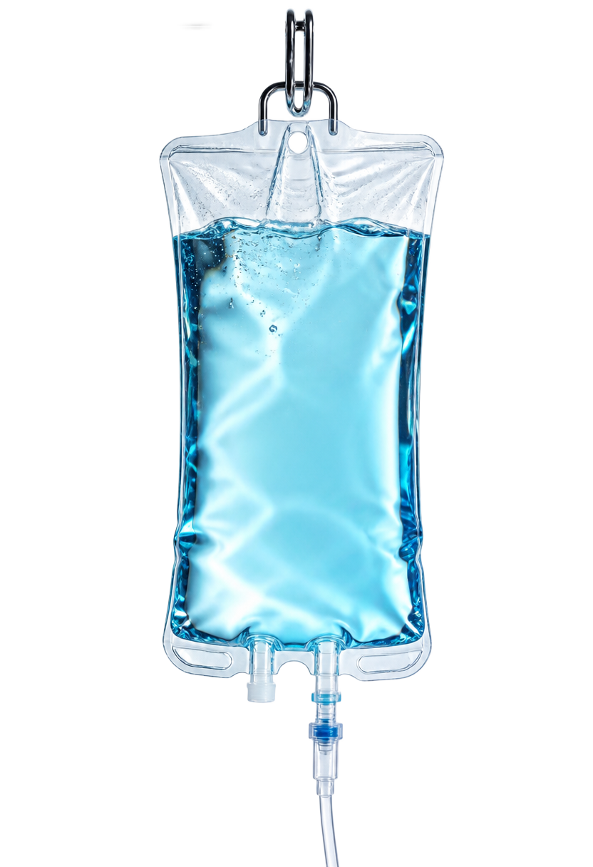 Hydrate & Chill IV bag with clear aqua fluid and cyan refraction