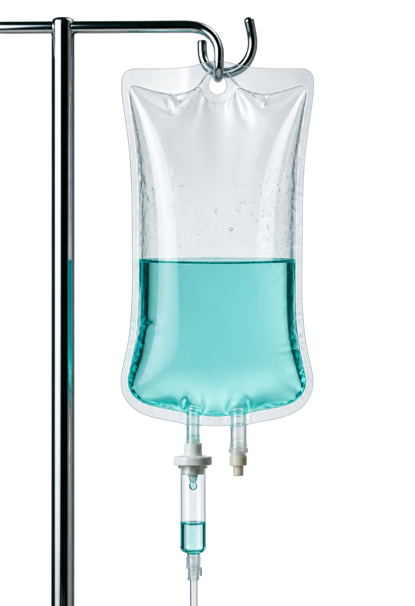Recovery & Chill IV bag with cool translucent teal fluid